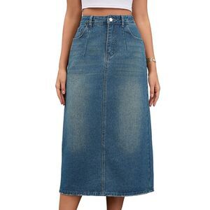 Women's Denim Skirt High Waist Split Back Pockets Pencil Midi Jean Skirts